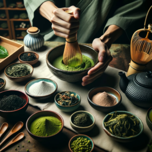 person whisking matcha powder in a traditional bowl, with other types of green tea like Sencha, Gunpowder, and Gyokuro arranged nearby