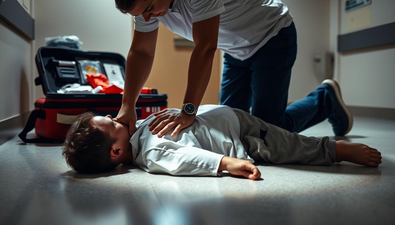A well-lit medical scene depicting immediate first aid steps for an overdose. In the foreground, a person is administering rescue breaths or chest compressions to an unconscious individual lying on the floor. Behind them, a medical kit with essential supplies is open and accessible. The background shows a clean, sterile hospital room or clinic environment with neutral walls and minimal distractions. Bright, directional lighting illuminates the scene, casting dramatic shadows and highlighting the urgency of the situation. The overall mood is one of calm professionalism and life-saving action. A well-lit medical scene depicting immediate first aid steps for an overdose. In the foreground, a person is administering rescue breaths or chest compressions to an unconscious individual lying on the floor. Behind them, a medical kit with essential supplies is open and accessible. The background shows a clean, sterile hospital room or clinic environment with neutral walls and minimal distractions. Bright, directional lighting illuminates the scene, casting dramatic shadows and highlighting the urgency of the situation. The overall mood is one of calm professionalism and life-saving action.