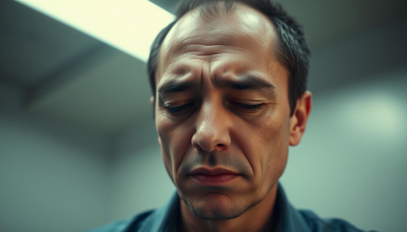 A person's head, eyes closed, appears to be pulsating with a dull ache, as if under the influence of a throbbing migraine. The face is flushed, with beads of sweat visible, conveying the discomfort of the experience. The background is blurred, with a sense of motion, evoking the dizziness and lightheadedness that often accompanies such an ailment. The lighting is soft and diffused, creating a moody, somber atmosphere that heightens the sense of discomfort. The overall composition suggests the physical and mental strain associated with the side effects of green tea overconsumption.