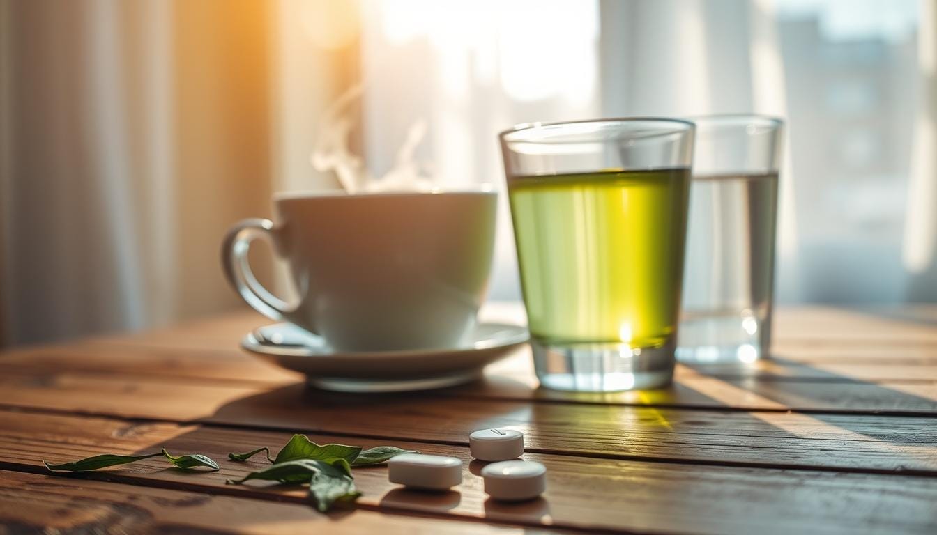 A tightly framed still life showing a hot steaming cup of green tea and a glass of water placed on a wooden table. Sunlight gently filters through a window, casting a warm, soft glow on the scene. In the foreground, a single white aspirin tablet and a few loose green tea leaves are scattered, hinting at the connection between the tea and a headache. The overall mood is contemplative, with a sense of unease and discomfort suggested by the contrast between the soothing tea and the presence of the medication. The composition is balanced and harmonious, drawing the viewer's attention to the interplay between the natural and pharmaceutical elements.