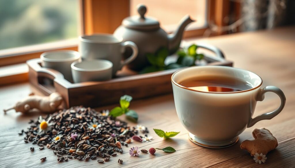 A calming, soft-focused still life scene showcasing an assortment of gentle tea types for sensitive stomachs. In the foreground, a delicate porcelain teacup filled with a steaming infusion, surrounded by a selection of tea leaves, herbs, and flowers - chamomile, peppermint, and ginger. In the middle ground, a wooden tea tray holding a teapot and additional cups, all bathed in warm, diffused lighting. The background is a serene, natural setting - perhaps a window overlooking a tranquil garden or a rustic wooden shelf. The overall mood is one of soothing comfort and mindfulness, inviting the viewer to slow down and savor the restorative properties of these gentle tea blends.