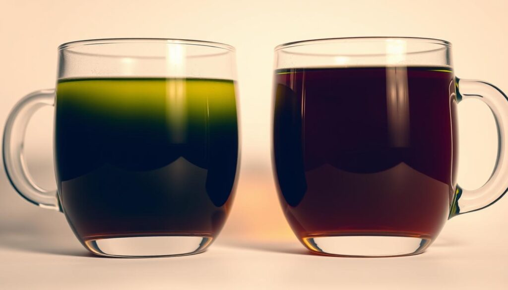 A close-up shot of two glass mugs filled with freshly brewed green and black tea, set against a plain white background. The green tea has a light, vibrant hue, while the black tea has a deep, rich color. The mugs are positioned side by side, highlighting the visual contrast between the two teas. Soft, warm lighting illuminates the scene, creating a sense of tranquility and focus. The image captures the essence of the differences between green and black tea, emphasizing the impact of fermentation on the tea's appearance, aroma, and potential benefits for mental clarity.