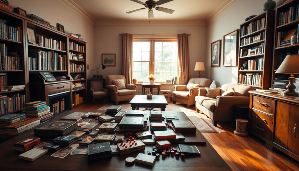 A cozy game room with a warm, inviting atmosphere. In the foreground, a table scattered with classic board games, dice, and playing cards. A bookshelf in the middle ground, filled with strategy guides and game manuals. In the background, a large window lets in soft, diffused natural light, casting a gentle glow over the scene. Wooden floors, plush rugs, and comfortable armchairs create a welcoming, intellectual ambiance, perfect for brain-stimulating activities. The overall mood is one of focus, curiosity, and the joy of learning through play.