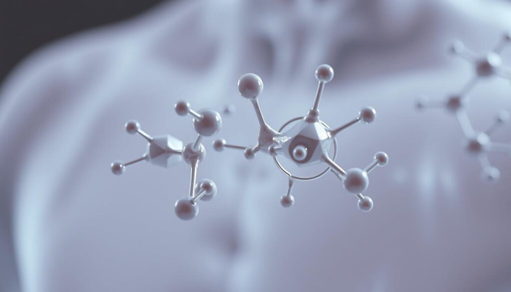 A detailed, close-up shot of cholesterol in the human body, showcasing its molecular structure and composition. The image should have a clinical, scientific aesthetic, with a neutral, well-lit background that emphasizes the intricate patterns and shapes of the cholesterol molecules. The focus should be on depicting cholesterol's chemical makeup and its role in the body, rather than on any medical or health implications. The angle should be slightly elevated to provide a comprehensive view of the subject, and the depth of field should be shallow to keep the cholesterol molecules in sharp focus while blurring the background. The overall mood should be one of educational clarity and informative precision.