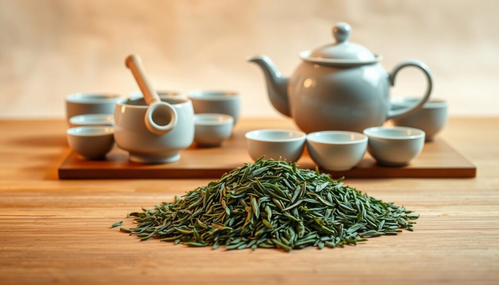 A minimalist and elegant still life scene of a traditional Japanese green tea brewing setup. The foreground features a delicate porcelain teapot with a ceramic tea scoop, surrounded by several small cups arranged neatly on a wooden surface. The middle ground showcases a pile of fresh green tea leaves, their vibrant color and texture inviting the viewer. The background is a soft, natural backdrop, perhaps a simple linen or bamboo surface, allowing the tea-making tools to take center stage. The lighting is warm and diffused, creating a serene and calming atmosphere, as if capturing a tranquil moment in a Japanese tea ceremony. The overall composition is balanced and visually pleasing, highlighting the beauty and simplicity of the green tea brewing process.