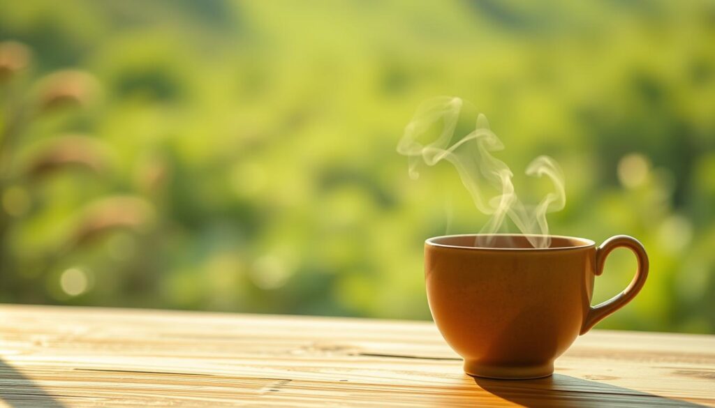 A serene green tea ritual during a mindful fast. In the foreground, a tranquil scene unfolds - a ceramic teacup, its surface gently reflecting the soft, natural light. Wisps of fragrant steam rise, inviting a moment of calm contemplation. In the middle ground, a simple wooden table, its grain subtly textured, provides a grounded foundation. The background is a softly blurred, verdant landscape, hinting at the restorative power of nature. Warm, diffused lighting casts a gentle glow, creating an atmosphere of equilibrium and inner harmony. This image captures the perfect moment to savor the health benefits of green tea while honoring the process of fasting.