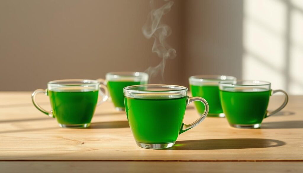 A serene, minimalist scene of green tea cups arranged on a natural wooden table. The cups, filled with vibrant green liquid, are backlit by soft, diffuse lighting, casting gentle shadows. In the middle ground, a single, perfectly brewed cup takes center stage, steam gently rising from its surface. The background is a simple, neutral color, allowing the tea cups to be the focal point. The overall mood is calming, inviting the viewer to pause and savor the moment, exploring the perfect daily dose of green tea wellness and sustainability. A serene, minimalist scene of green tea cups arranged on a natural wooden table. The cups, filled with vibrant green liquid, are backlit by soft, diffuse lighting, casting gentle shadows. In the middle ground, a single, perfectly brewed cup takes center stage, steam gently rising from its surface. The background is a simple, neutral color, allowing the tea cups to be the focal point. The overall mood is calming, inviting the viewer to pause and savor the moment, exploring the perfect daily dose of green tea wellness and sustainability.