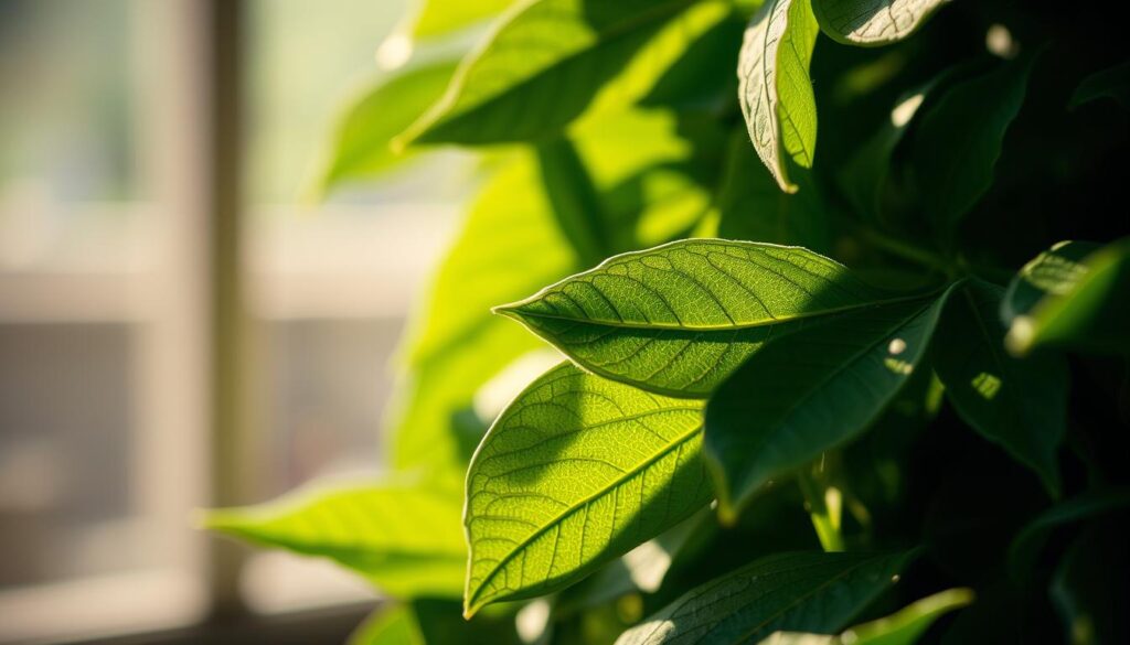 Detailed closeup of tea leaves, illuminated by soft natural light filtering through a window. The leaves are fresh and vibrant, with intricate veins and delicate textures visible. The composition focuses on the foreground, with a shallow depth of field that blurs the background into a hazy, ethereal setting. The lighting casts gentle shadows, accentuating the three-dimensional form of the leaves. The overall mood is serene and contemplative, inviting the viewer to examine the subtle complexities of the tea leaves and the caffeine compounds they contain.
