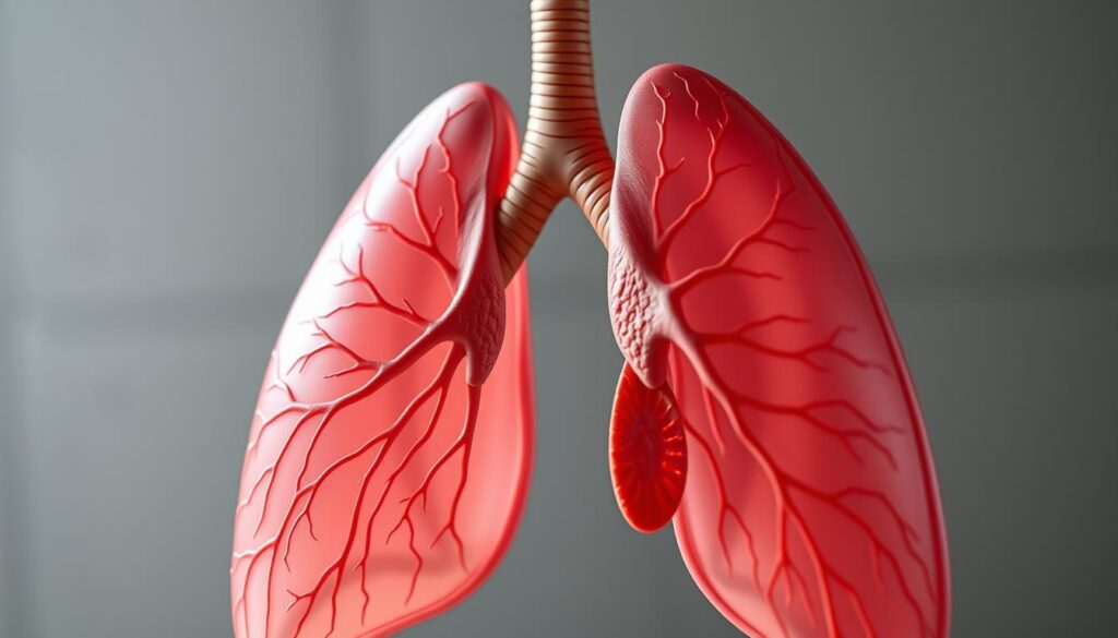 A detailed and anatomically accurate rendering of the human lung, focused on the middle and upper lobes. The lung is depicted in a neutral, scientific manner, free of extraneous elements. The lighting is natural, with soft, diffused illumination from the side, highlighting the intricate bronchial structures and alveolar sacs. The background is muted and out of focus, emphasizing the subject. The overall mood is one of clinical precision, conveying the medical significance of the lung in the context of cancer research.
