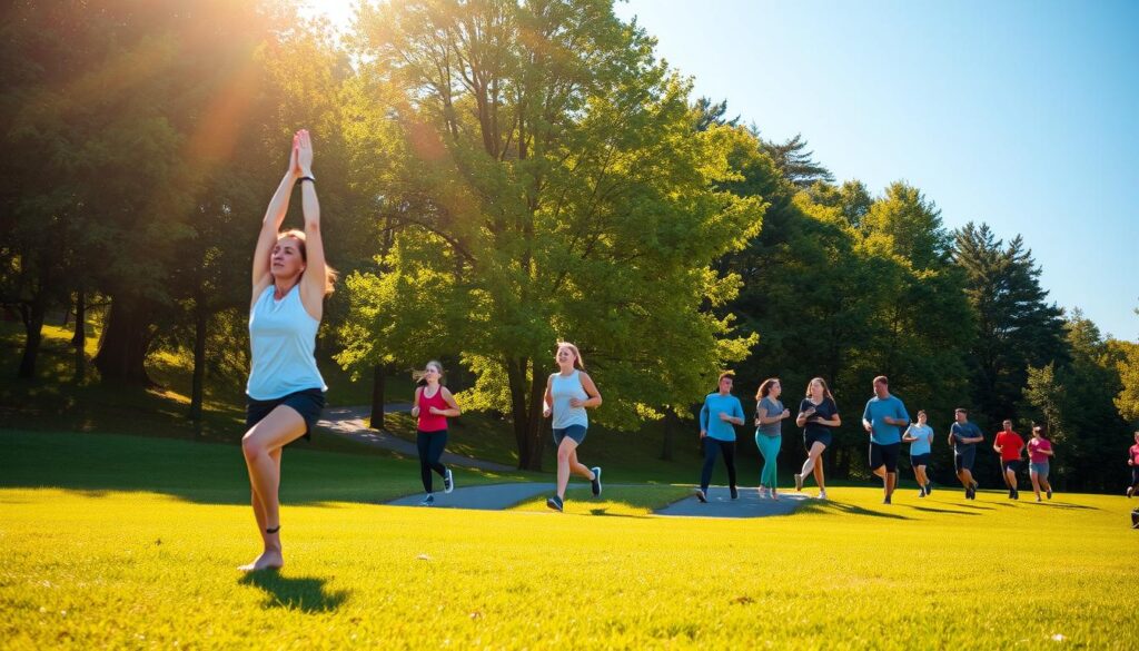 A group of people engaged in various physical activities in a vibrant, outdoor setting. In the foreground, a person doing yoga poses on a grassy field, with the sun's rays casting a warm, golden glow. In the middle ground, a couple jogging on a winding path surrounded by lush, green trees. In the background, a group of people playing a game of frisbee, their silhouettes outlined against a clear, blue sky. The scene exudes a sense of energy, vitality, and a connection to nature, capturing the essence of an active, healthy lifestyle.