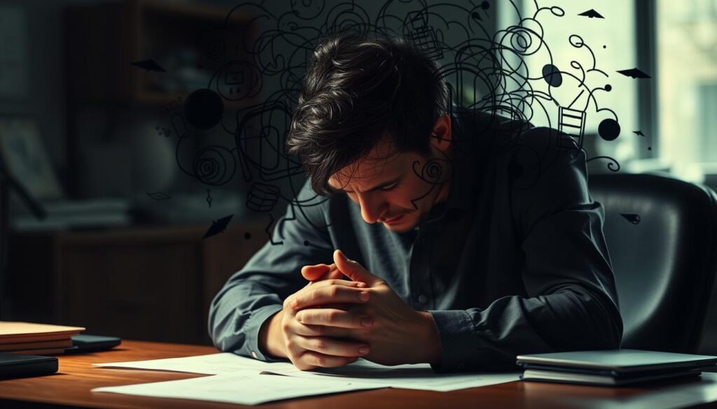 A person sitting at a desk, shoulders hunched and head in hands, surrounded by a chaotic swirl of thoughts and emotions. The lighting is harsh and unflattering, casting deep shadows and creating a sense of gloom. The perspective is slightly elevated, giving the viewer a sense of observing the scene from above. The background is blurred and indistinct, with muted colors that further emphasize the individual's isolation and inner turmoil. The overall mood is one of overwhelming stress and a desperate need for mental clarity.
