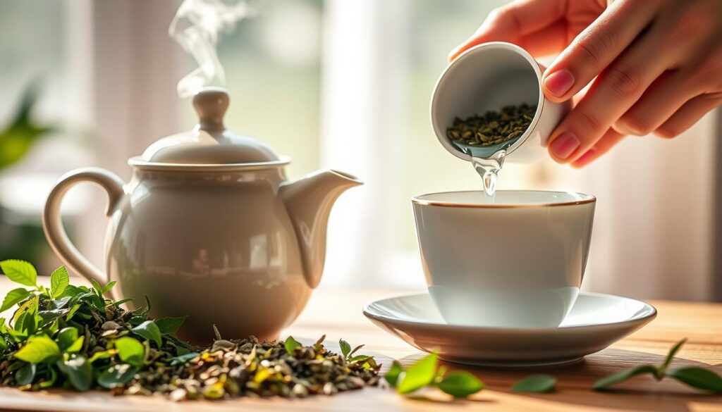 A vibrant, close-up scene showcasing how to properly prepare and enjoy green tea for weight loss. In the foreground, a ceramic teapot gently steams, surrounded by a selection of fresh green tea leaves and a delicate china teacup. The middle ground features hands carefully measuring loose-leaf tea and pouring hot water into the teapot, capturing the ritual and care involved. The background is softly blurred, creating a calming, tranquil atmosphere, with soothing natural light filtering through a window. The overall mood is one of wellness, mindfulness, and the healthful benefits of green tea as part of a weight loss journey.