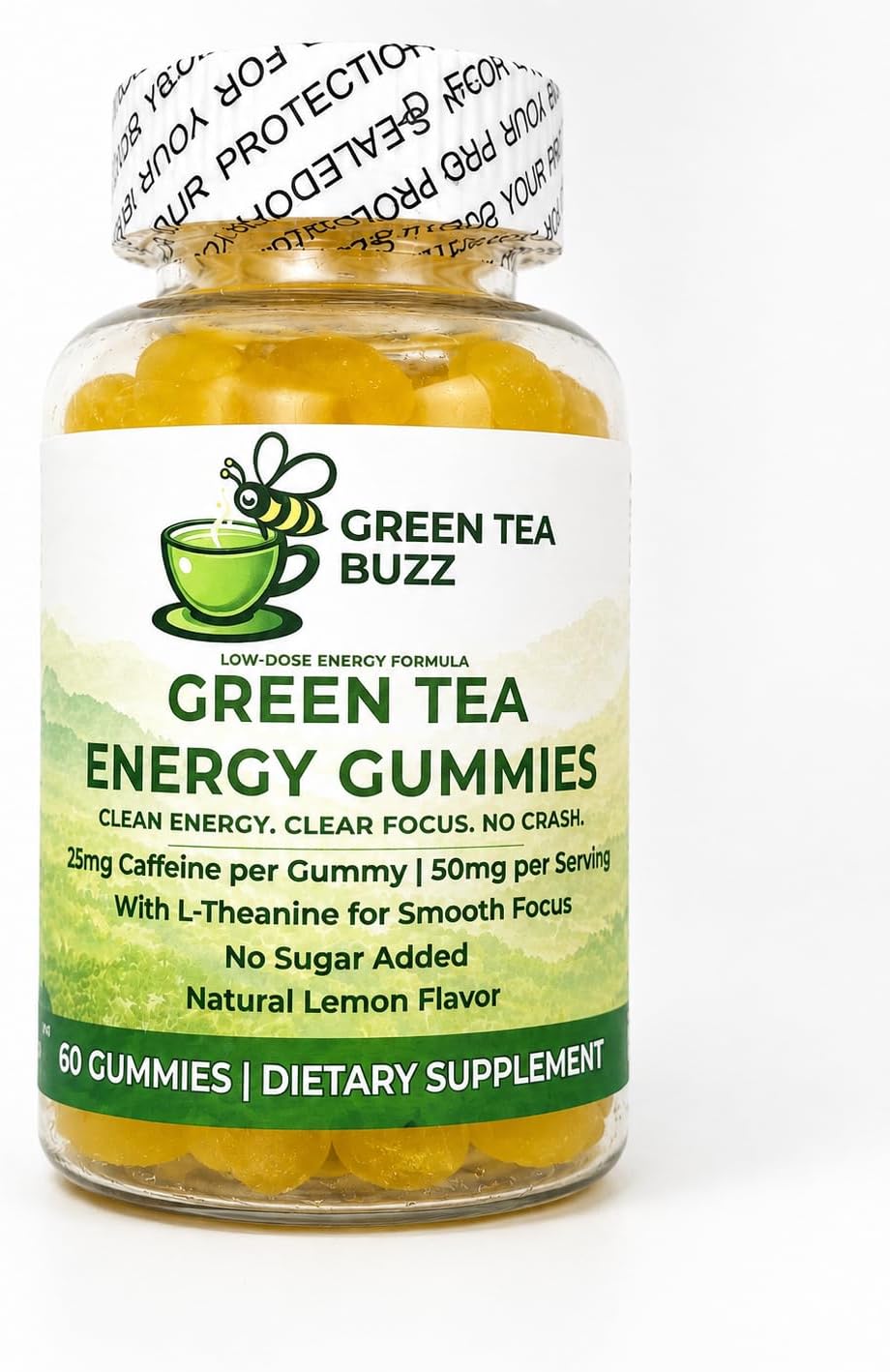 Green Tea Buzz Supplement Facts label: Green Tea Extract, L-Theanine, Natural Caffeine